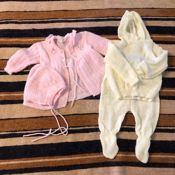 Vintage Other - Vintage Baby Knit Clothes Sweater Set Hoodie Bonnet